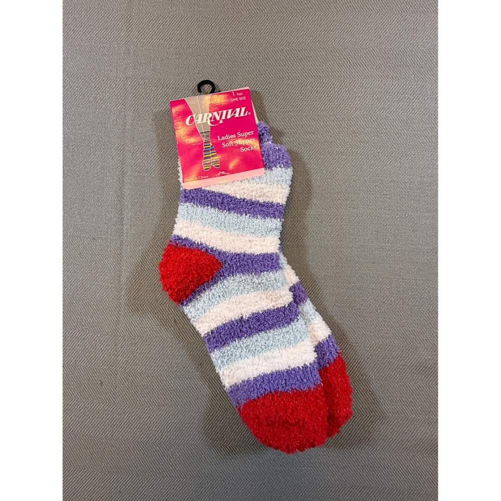 Carnival Ladies Super Soft Slipper Socks Striped Fuzzy Cozy Purple Blue Red OS